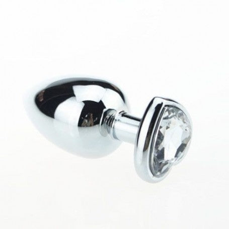 METAL STEEL ANAL PLUG DILDO WITH TRANSPARENT HEART JEWEL STONE MEDIUM ANAL BUTT 