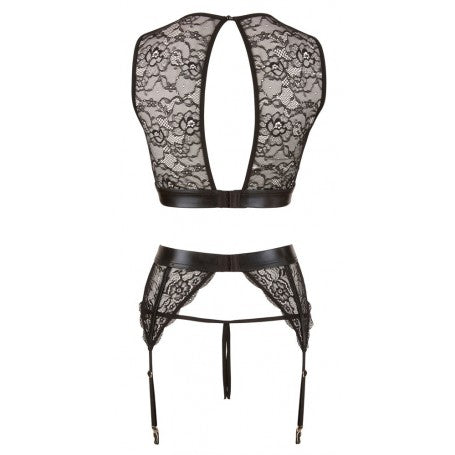 WOMEN'S FETISH LACE UNDERWEAR SET WITH HANDCUFFS, GARTER BELT, OPEN THONG AND BLACK TOP