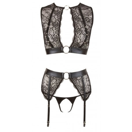 WOMEN'S FETISH LACE UNDERWEAR SET WITH HANDCUFFS, GARTER BELT, OPEN THONG AND BLACK TOP